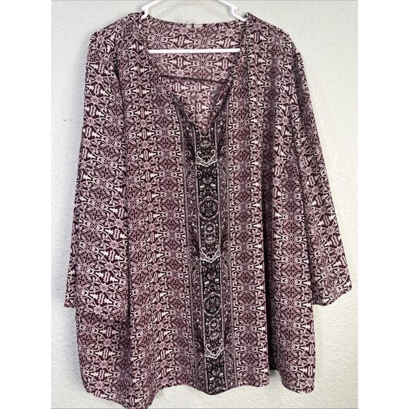 Cato Blouse Sz 26/28 Red Flowy Tunic Geo Print Y2K Fairy Boho Cottage 3/4 Sleeve - Picture 1 of 9
